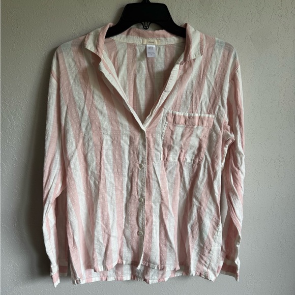 Eberjey Pink White Stripe Lightweight Long Sleeve Button Down Pajama Top Women S - Picture 1 of 5
